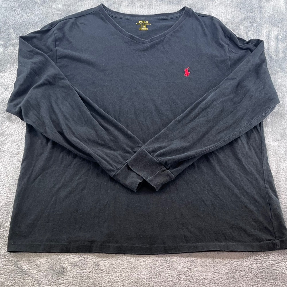 Polo Ralph Lauren Mens V-Neck Long Sleeve T-Shirt Black Red Pony Logo Size Large